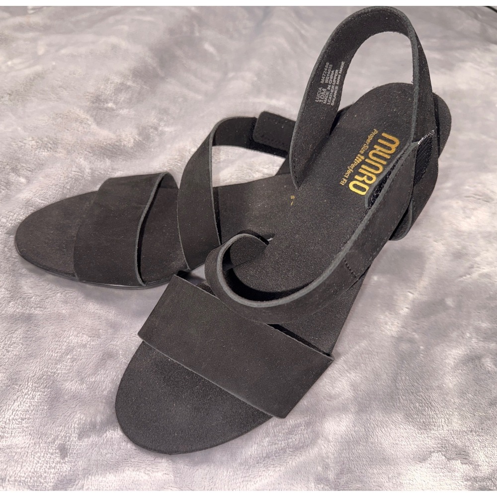 Munro Lucia Black Leather Slingback Block Heel Sandals Womens 10M‎ NEW